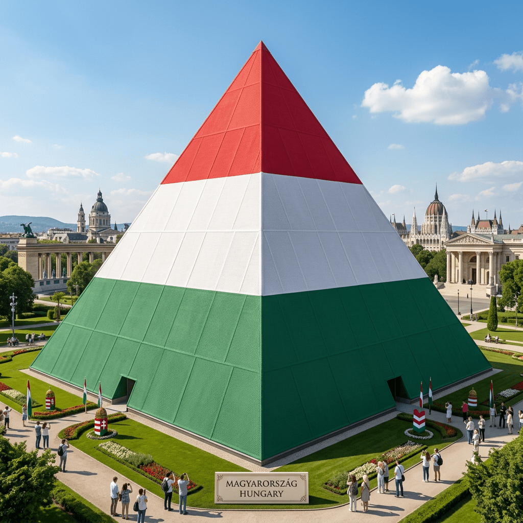 A pyramid structure featuring red, white, and green horizontal stripes representing Hungary's flag in a public square