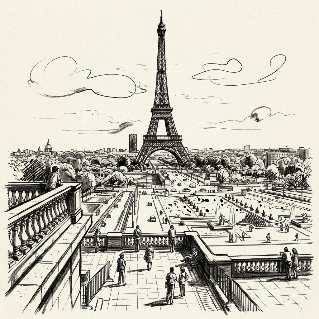 View of the Eiffel Tower from a terrace overlooking gardens, fountains, and people