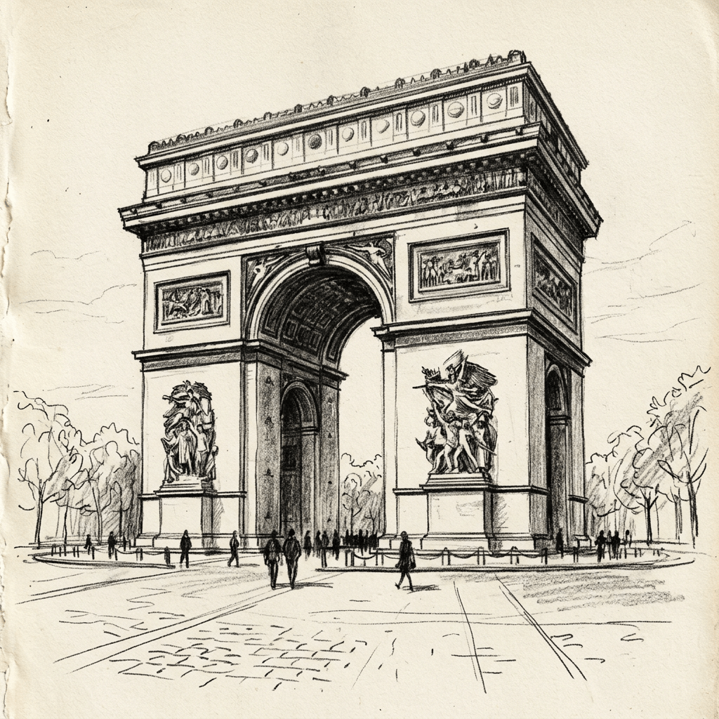 Pencil sketch of the Arc de Triomphe with people walking around