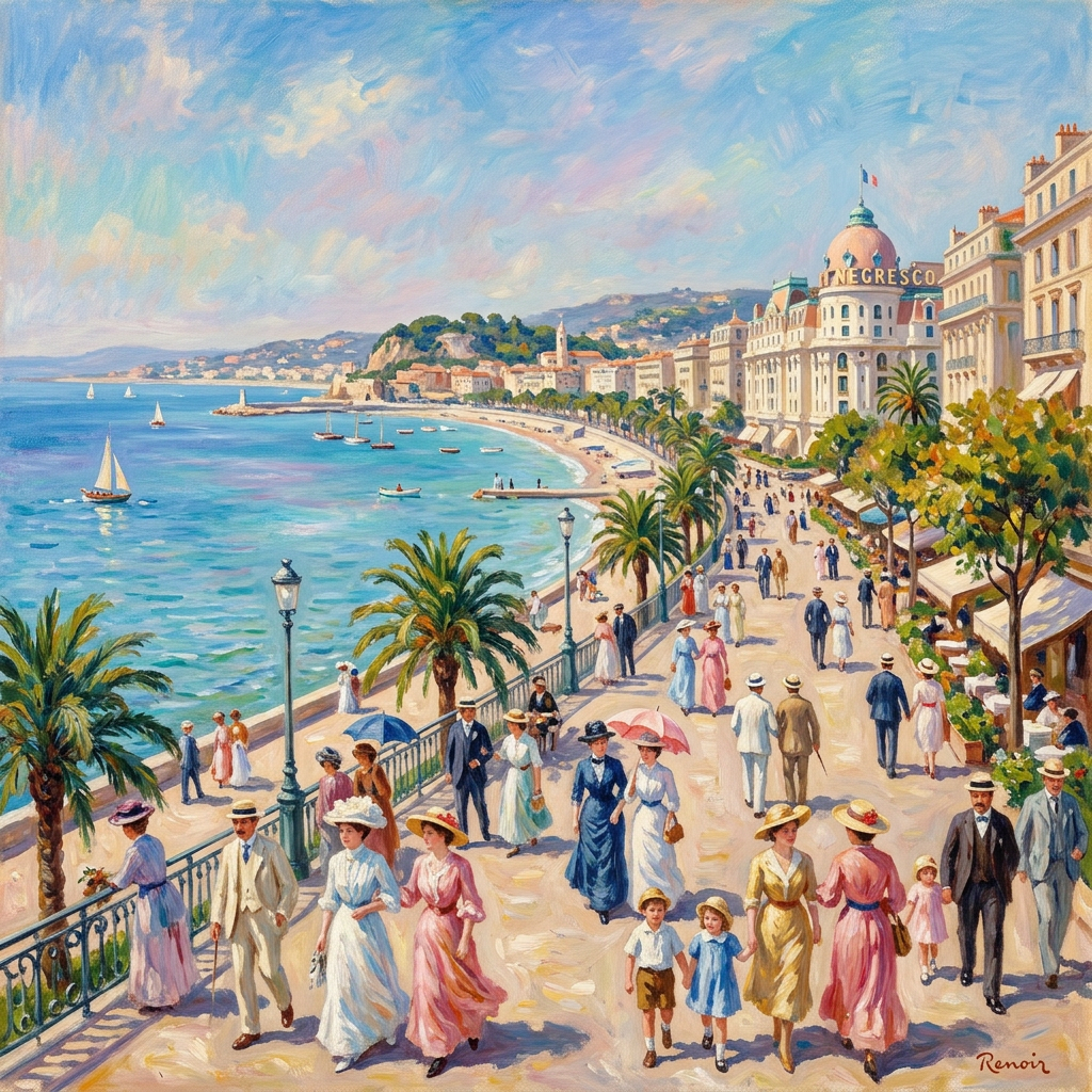 People walking on a seaside promenade with palm trees and boats in the water near Hotel Negresco