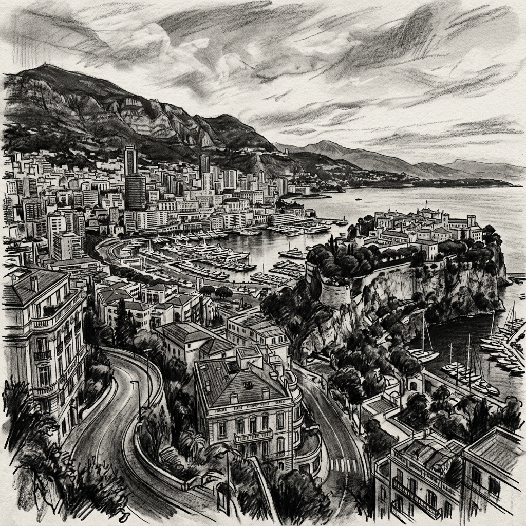 Pencil drawing of Monaco coastline with buildings, harbor, and mountains