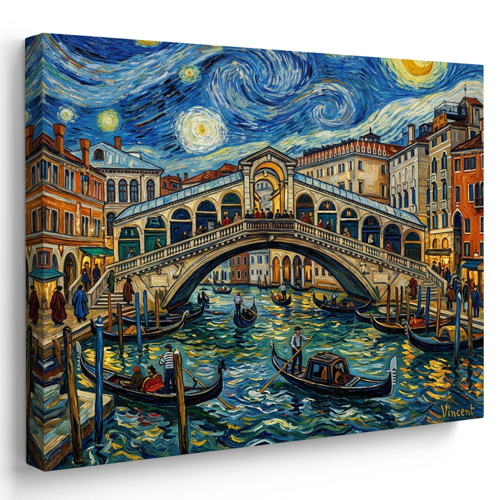 Venice's Rialto Bridge over water with gondolas and a swirling starry night sky