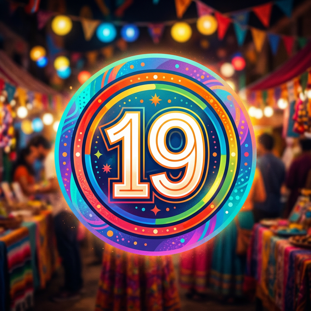 Colorful circular badge with number 19 surrounded by festive lights and decorations