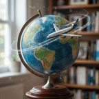 Toy airplane flying around a rotating globe with continents and oceans visible